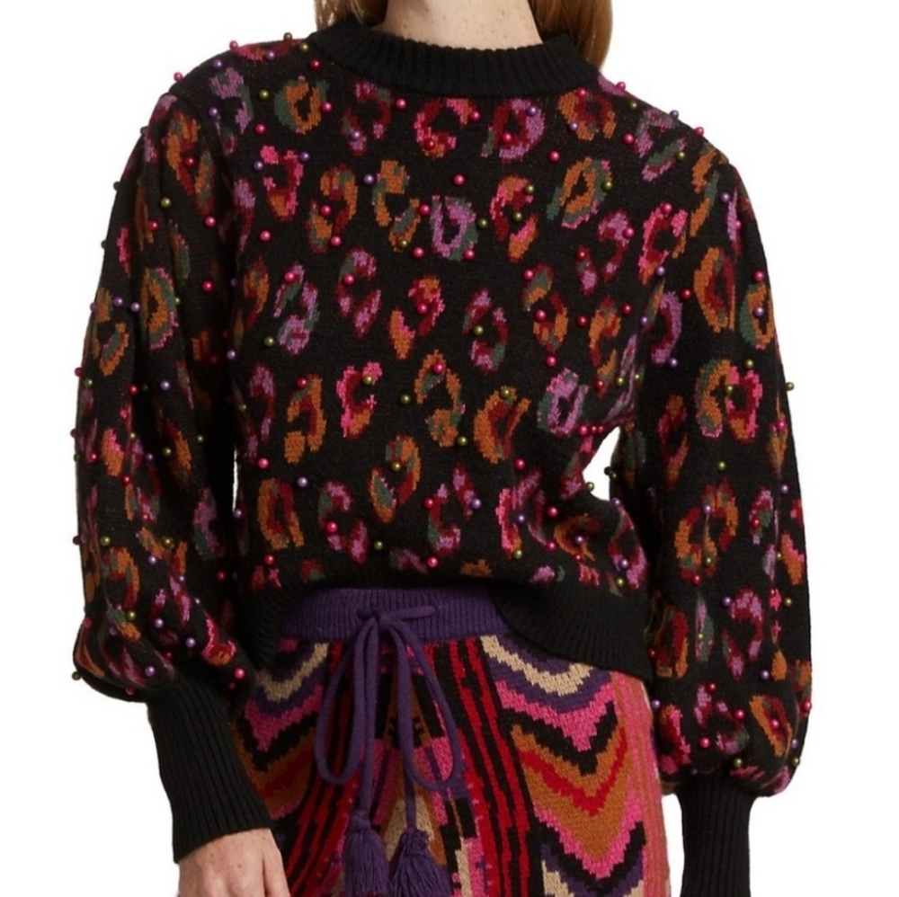 FARM RIO BLACK IKAT-DYED LEOPARD BALL SWEATER
